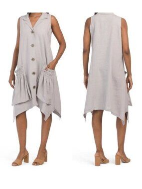 For Cynthia M Linen Blend Lagenlook‎ Asymmetrical Shark Bite Hem Dress Pockets